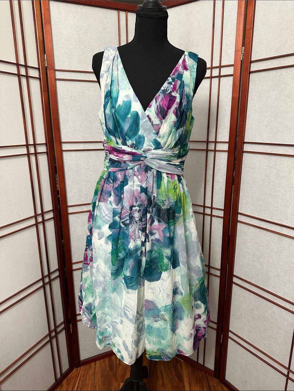 Donna Morgan Floral Wrap-Style Midi Dress in Teal, Aqua & Purple